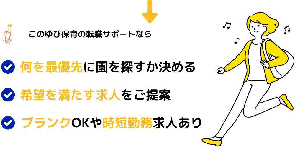 何を最優先に園を探すか決める。希望を満たす求人をご提案。ブランクOKや時短勤務求人あり
